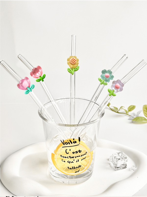 1/2 Stück hitzebeständige Glas-Strohhalme mit Blumenverzierung, geeignet zum Trinken von Saft, Milchtee, Kaffee, kalten Getränken, mit gebogenem Design und Fruchtdekoration, Schul-Zubehör, Geschenk, Restaurant, Camping/Reise/Sommer/Urlaub/Küche, Schul-Zubehör, Geschenk/Valentinstag