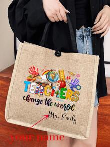 Bolso de mano de lino con estampado de palabras "Teacher", bolígrafos, libros, patrones de flores, patrones de anime de dibujos animados, estampado de letras, estampado de leopardo, bolso grande, bolsa de compras caqui, monedero, regalo de aprecio al maestro