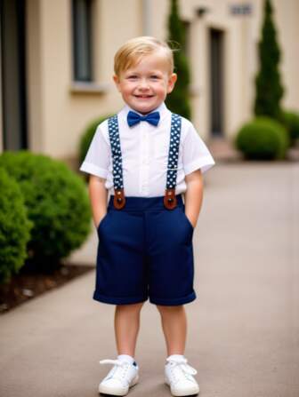 Baby BoyCasual 2pcs Set, Summer Style: White Short Sleeve Shirt With Bowtie, Casual Suspender Shorts, Fashionable Outfit Suitable For Weddings, Holidays, Birthdays, Performances, Parties, Casual Outings