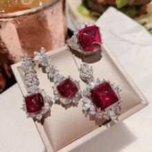 3pcs Jewelry Set For Women, Includes Necklace, Earrings & Ring, Featuring Simulated Ruby Beryl, Simulated Sapphire, Fully Paved Pendant Necklace, Elegant & Luxury For Evening Dress, Bridal, Daily Wear