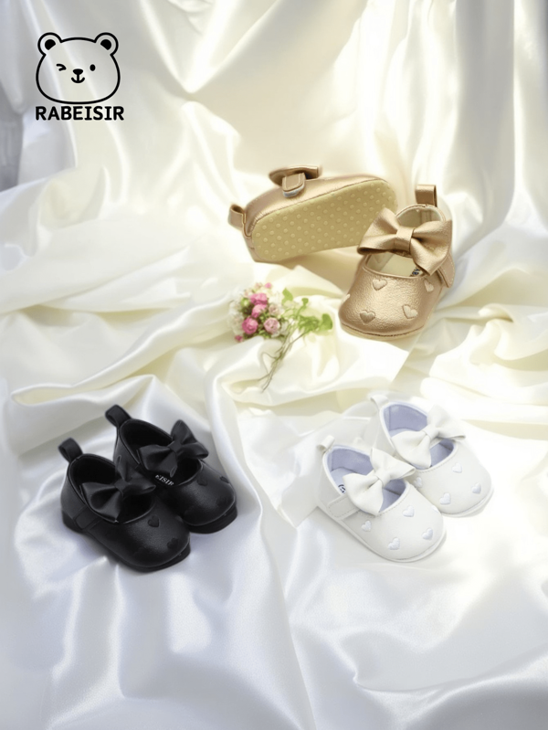 RABEISIR Chaussures d'apprentissage de la marche pour bébé avec cœur brodé, style princesse à la mode avec nœuds pour les premiers pas de bébé