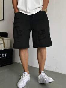 Men's Vintage Washed Distressed Denim Shorts - Black - View 3
