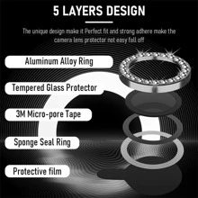 1 Set For IPhone 11 12 13 14 15 16 Pro Max Bling Camera Lens Cover Protector, Bling Diamond & Bling Glitter Metal Ring 9H Tempered HD Glass Camera Cover Protector Film