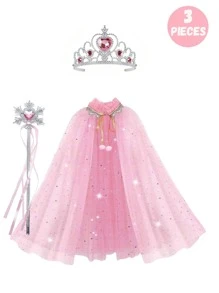 3 Peças Conjunto de Fantasia de Princesa, Varinha Mágica e Capa, Adequado para Meninas Pequenas se Fantasiarem, Jogos de Fantasia, Acessórios para Festas de Interpretação de Papéis em Feriados, É uma Escolha Ideal para Dar de Presente a Meninas