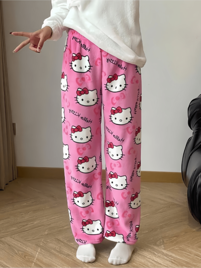 Sanrio Hello Kitty Fleece Allover Print Warm Fluffy Pajama Pants, Versatile Sweet Fuchsia Loungewear Tro rs Schattige Cartoon Zachte Skin Friendly Feel, All Occasions, Essential Couples, Best Friends, Birthdays, Holidays, Fall Cozy view 3