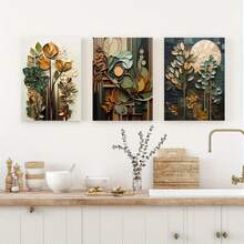 3 件波西米亚风大地色木质植物印花 - 帆布墙面艺术，防水海报，适合居家和宿舍装饰，非常适合卧室和客厅，卧室墙面艺术波西米亚风别致装饰皱纹纹理 - 彩色 - 查看 2