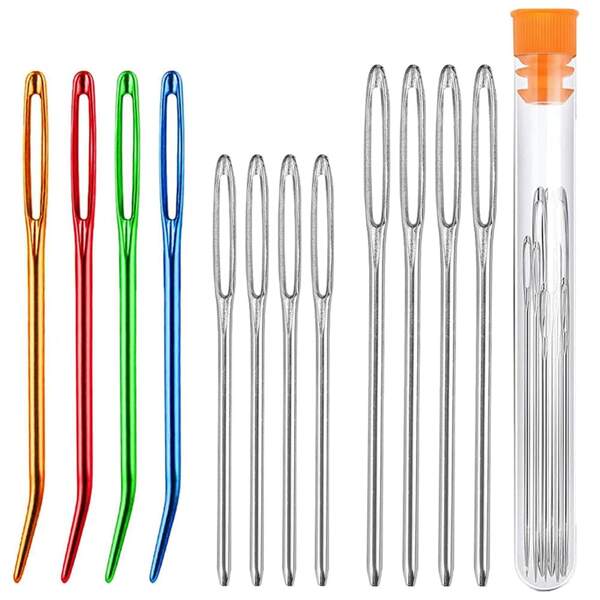 17 Pieces/Set Of 12 Stainless Steel Large Eye Needles+4 Colored Curved Tapestry Needles With 1 Storage Box, Crochet Curved Needles, Large Eye Weaving Needles, Tapestry Needles, Curved Needles, Curved Tapestry Needles, Wool Needles, Used For Sewing, Crochet, DIY Knitting (All Styles Come In Random Colors)