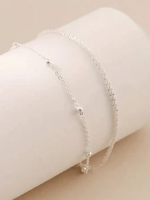 1pc Minimalist Double Layer Silver Plated Bracelet, Ladies Silver Bead Chain, Plain Chain, Suitable For Girls, Fashionable And Cute, Summer Jewelry, Gift For Best Friends Valentine's Day Accessories - Silver - View 2
