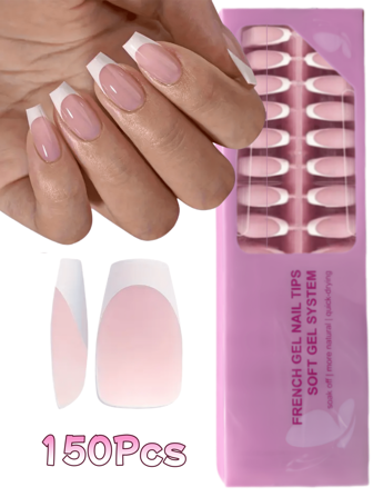 150 piezas de uñas de ballet cortas autoadhesivas, puntas de uñas suaves con francés rosa, usadas como uñas postizas para manualidades, estilo simple y versátil en 15 tallas adecuadas para mujeres