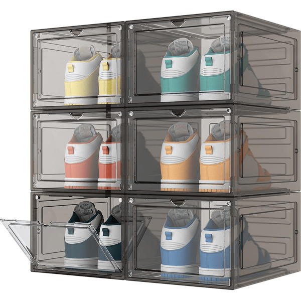 6 Pack Transparent Shoe Boxes - Clear Or Grey Durable Shoe Box Organiser - Space Saving Design With Door - Durable And Sturdy Bins Front Stackable Drawers (Clear)