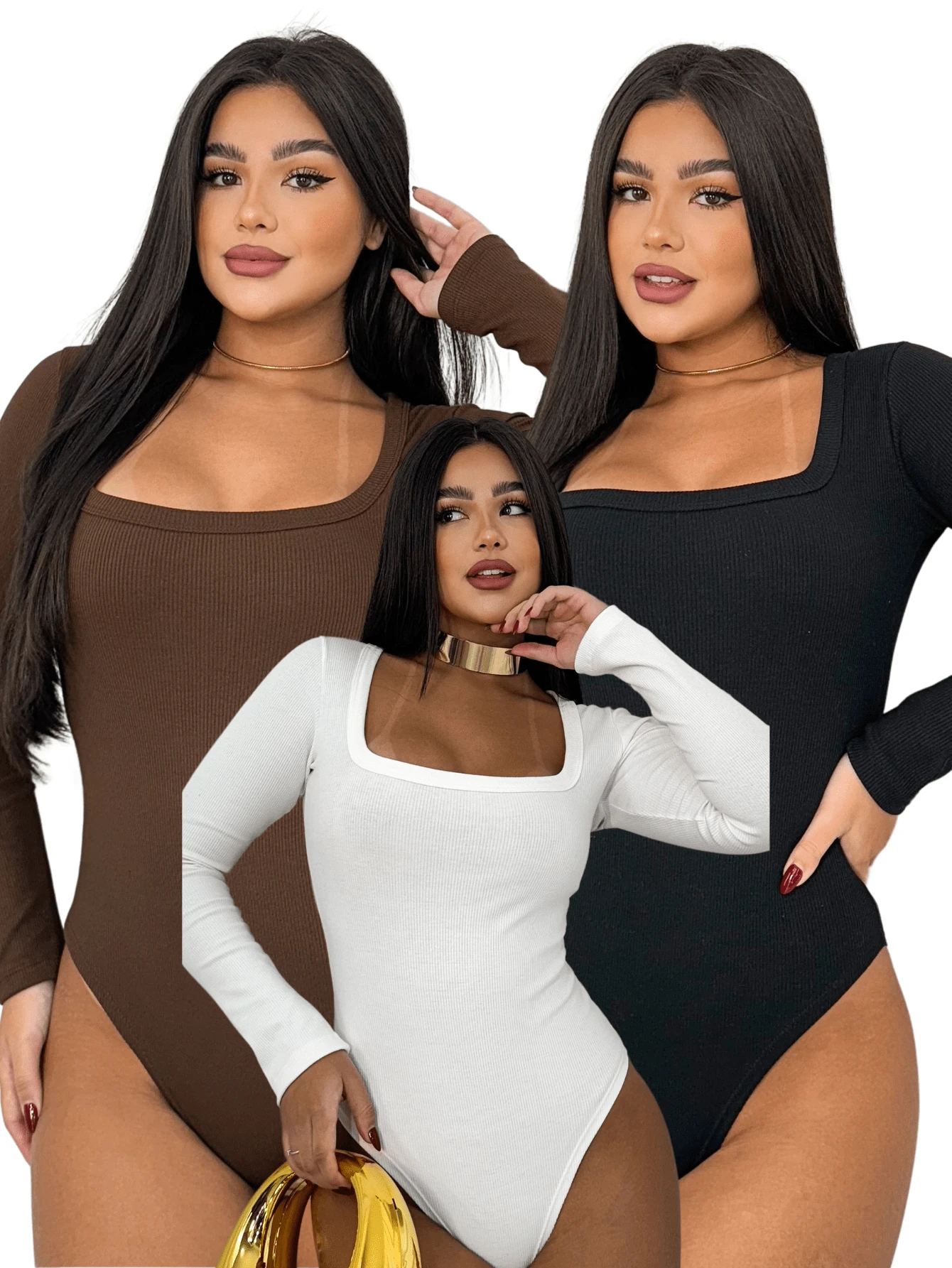 Body Isis Manga Longa Kit Com 3 Peças Moda Feminina Frio Marrom Preto Off Ribana Canelado Premium Inverno