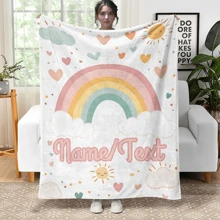 Customized Rainbow Flannel Blanket - Soft & Lightweight, With Heart And Cloud Design - Customizable Name/Text - Great For Sofa, Bed, Travel, Camping - Ideal Gift For All Seasons, Personalized Blanket