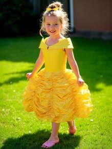Vestido Formal de Princesa Amarelo com Detalhe Plissado para Jovem Menina
