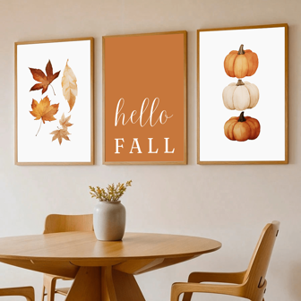 3 stuks, oranje Hello Autumn pompoen herfstbladeren kunstcanvas posterprint, moderne minimalistische herfstdecoratie, moderne wanddecoraties, posters perfect voor kantoor, klaslokaal, slaapkamer, woonkamer of thuis wanddecoratie, woondecoratie - canvasmateriaal (optioneel frame)