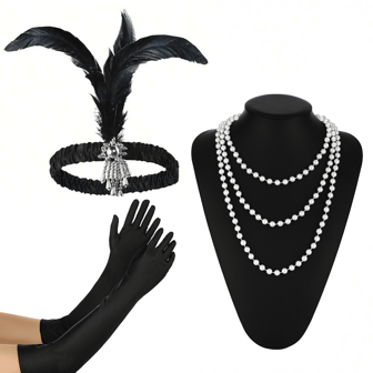 Conjunto de 3 piezas de la Colección Gatsby de los años 20: diadema con plumas, collar y guantes de estilo Hepburn retro elegante, adecuado para bodas, fiestas de disfraces, despedidas de soltero, el regalo perfecto para familiares y amigos