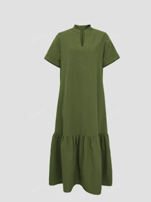 Spring And Summer New Fashion Casual Stand-Up Collar Short-Sleeved V-Neck Placket Loose Fishtail Women's Long Dress