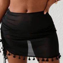 Slaydiva Plus Size Tassel Trim Drawstring Side Mesh Beach Skirt Summer - Black - View 5
