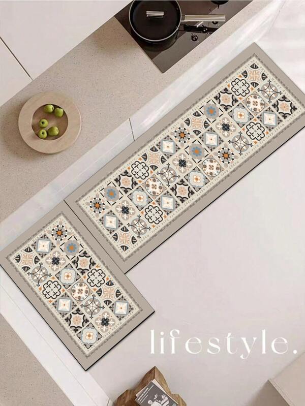 1 tappeto da cucina in diatomite, design di alta qualità con motivo a piastrelle in grigio chiaro e beige, stile vintage accogliente, tappeto antifatica imbottito da cucina di circa 3 mm di spessore, tappeto da cucina assorbente, tappeto in diatomite morbido in gomma minimalista, adatto per cucina, bagno, ingresso, lavanderia e altro ancora