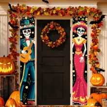 Day Of The Dead Skeleton Garland Set, Halloween Decor, Made Of Polyester Fabric, Suitable For Halloween Party Decoration, Holiday Party Supplies, Decorations, Mexican Festivals, Day Of The Dead, Halloween - Multicolor - View 7