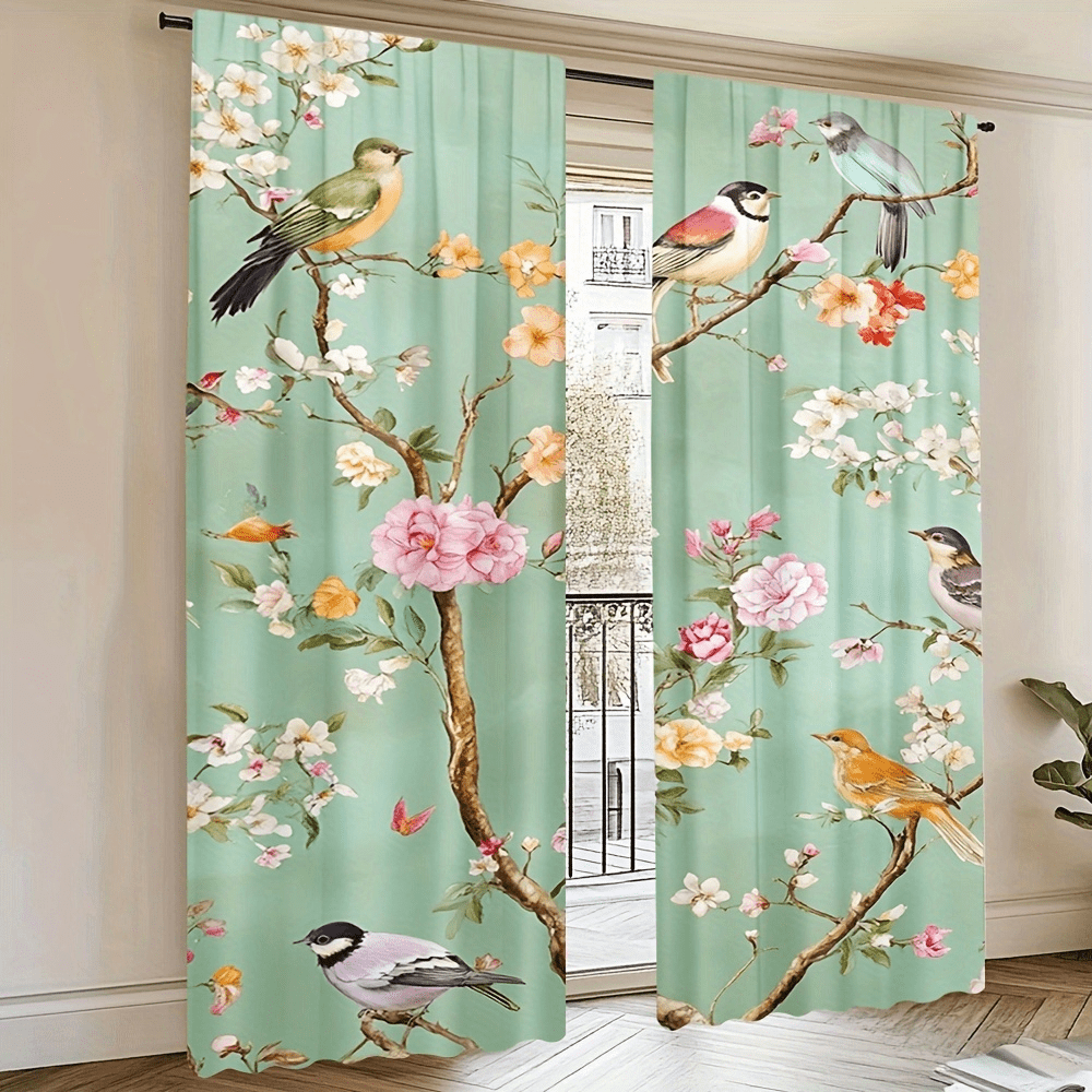 2 Panel Fashion Floral And Bird Print Polyester Curtain- Modern Style, Machine Washable, Multifunctional Bedroom, Kitchen, Living Room Home Decoration, Living Room Curtain