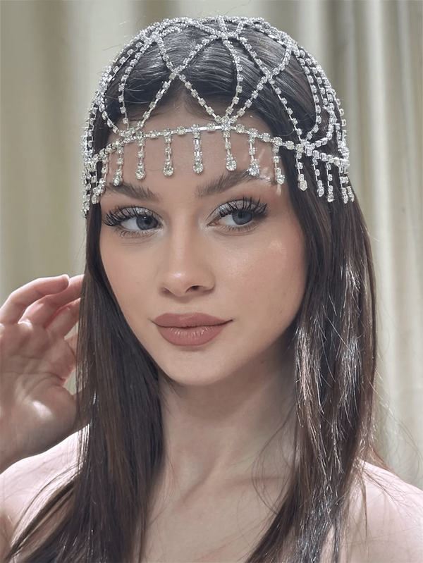Cadena de cabeza con colgante de lágrima hueca de malla de lujo de moda, joyería glamorosa para fiestas para mujeres, accesorios para el cabello, joyería para el cabello, adornos para la cabeza, joyería para el cabello
