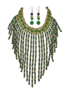 Conjunto de Colar e Brincos Tecido de Contas de Madeira Feito à Mão, Conjunto de Joias de Colar Bib Boho Declarativo para Mulheres, Festa de Férias na Praia