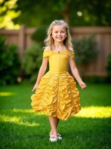 Vestido Formal de Princesa Amarelo com Detalhe Plissado para Jovem Menina