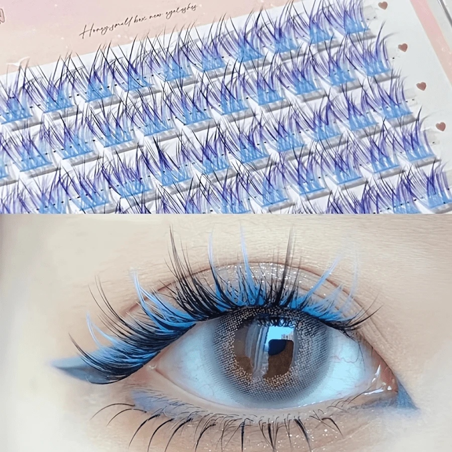 60 Clusters MIXIAOHE Color Eyelash Extensions - DIY Lazy Trilogy European & American Comic Style, Mixed Anime/Cosplay/Doll Extra Thick C Curl, Colored False Eyelashes, 10-15Mm Length - 01#漸層藍 - 查看 1