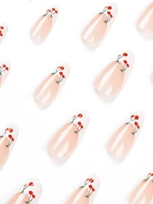 24 piezas de decoración de arte de uñas con forma de almendra con cerezas en verano, 1 pieza de pegamento de gelatina y 1 lima de uñas