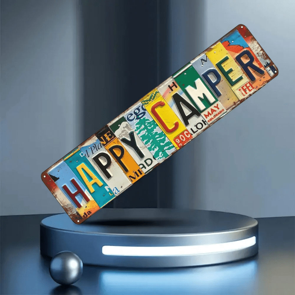 16x4 Inch Retro Metal "Happy Camper" Sign | UV Printed, Durable Metal Wall Art For Home, Bar, Cafe And Outdoor Decor