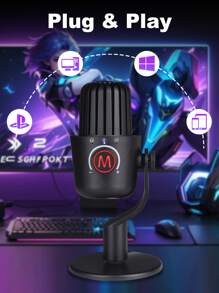 Microphone à condensateur USB, clairement cardioïde, améliore la diffusion en continu, le podcasting et les enregistrements - Qualité sonore cristalline via connexion de type C, plug and play, microphone USB de jeu pour téléphone/PC/ordinateur portable, avec sourdine rapide, voyants lumineux RVB