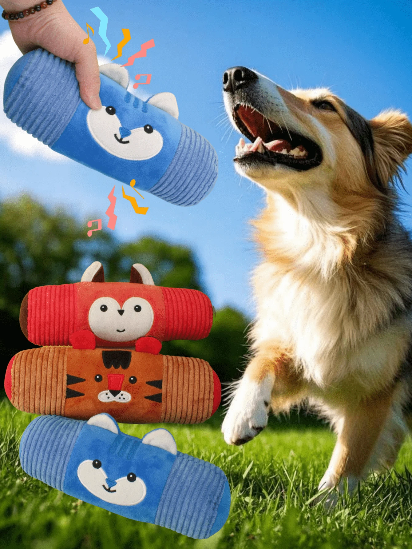 1 件宠物毛绒玩偶圆柱形枕头带声音，泰迪自娱伴侣，宠物用品玩偶仅供宠物使用 - 彩色 - 查看 1