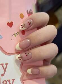 24 piezas de decoración de arte de uñas con forma de almendra con cerezas en verano, 1 pieza de pegamento de gelatina y 1 lima de uñas