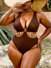 Slaydiva 加大码纯色镂空腰部连体泳衣，带环状贝壳装饰，夏季沙滩泳衣