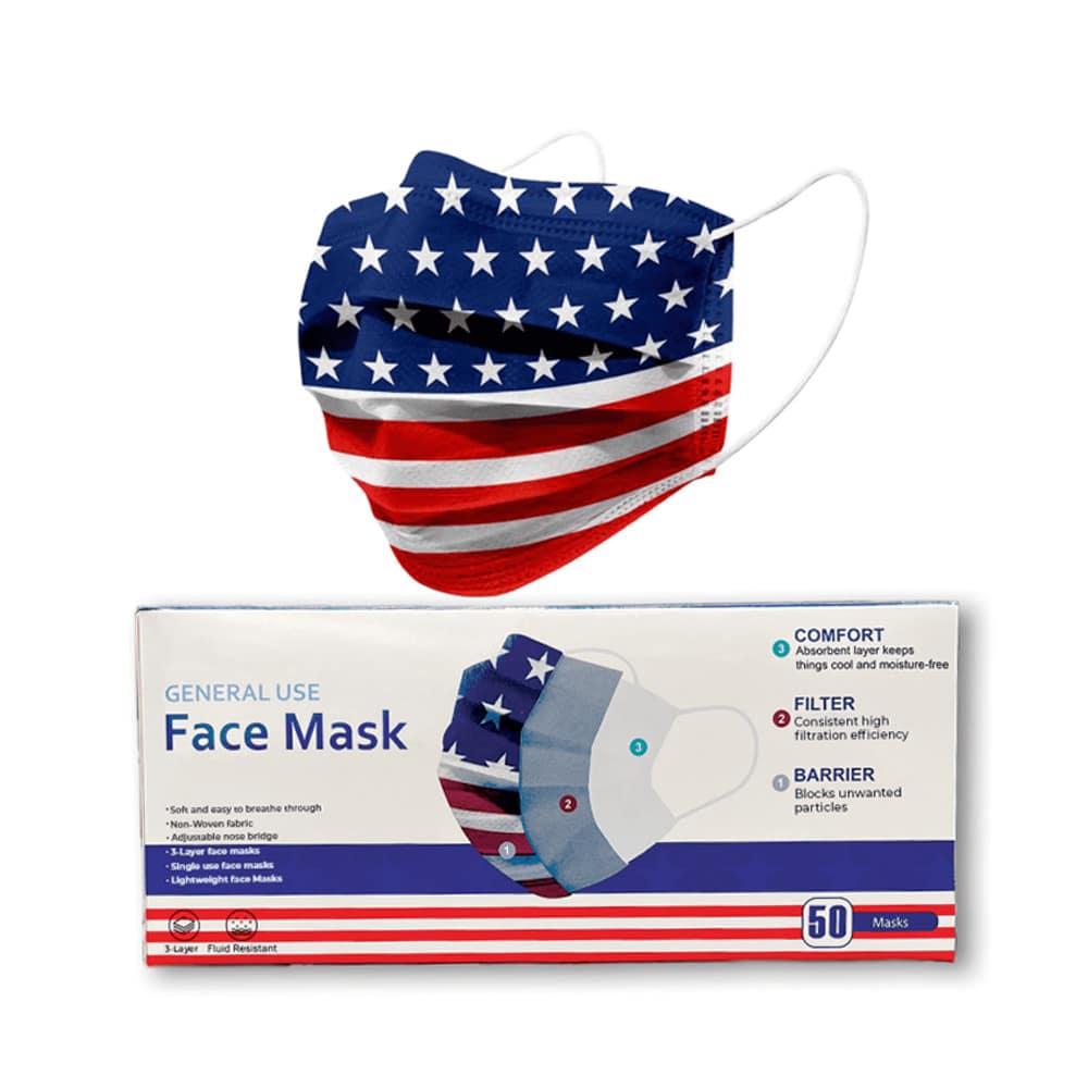 Protective Face Masks - Breathable 3 Layers Of Protection American Flags Design Face Mask For Adults - 50ct Box Pink Disposable Face 3-Ply Filter Breathable Earloop Masks Options In Packs Of 10 - 50ct Box, Soft And Comfortable Fit - one-size - View 1