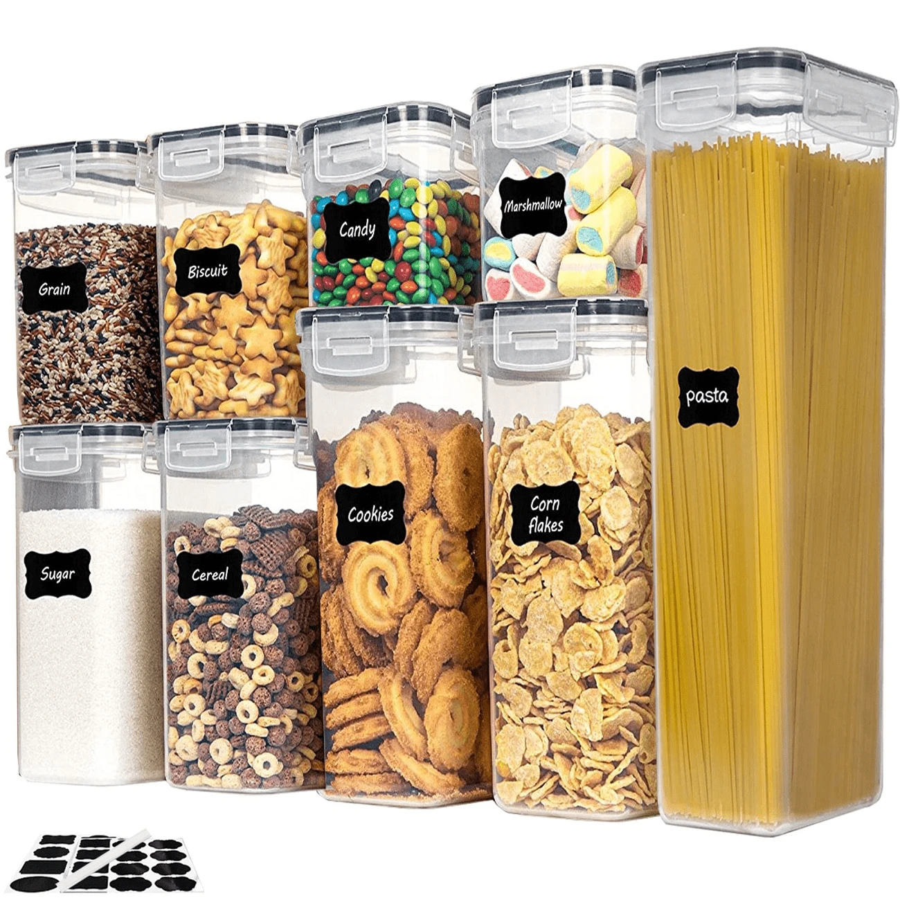 THELIFE Juego de 9/5 recipientes herméticos de plástico con tapas para almacenar cereales, harina, azúcar, pasta y especias en restaurantes de alta gama.