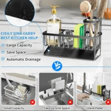 不锈钢厨房水槽收纳盒，配有高刷架、海绵架、皂液器架 - 非常适合整理厨房台面配件、装饰性厨房配件 | 现代厨房水槽收纳盒 | 耐用厨具架、厨房水槽收纳盒和收纳