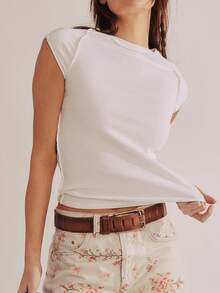 Women Summer Cap Sleeve Solid Color Round Neck Shirts Slim Fit Casual T-Shirts For Daily Streetwear - 白色 - 查看 2