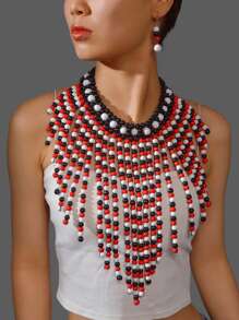 Conjunto de Colar e Brincos Tecido de Contas de Madeira Feito à Mão, Conjunto de Joias de Colar Bib Boho Declarativo para Mulheres, Festa de Férias na Praia