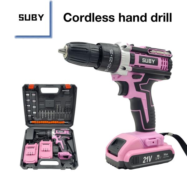 SUBY 1 Set SUBY Cordless Impact Drill, Multi-Functional Home Electric Screwdriver With 2 Batteries + 24 Accessories, Suitable For Screwing And Drilling