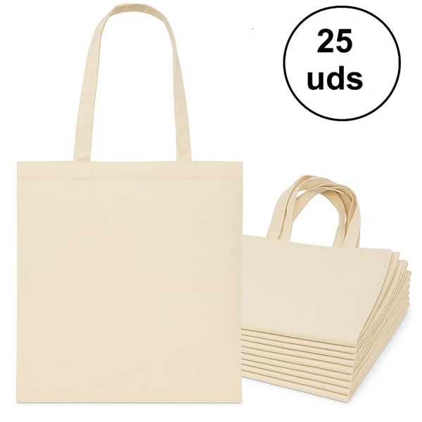 AKARURE Pack de 25 Bolsas de Algodón 42x38 cm con Asas Largas – Tote Bags Reutilizables y Ecológicas – Bolsas de Tela para Pintar, Manualidades, Regalos Personalizados, Compras Diarias y Almacenaje – Alternativa a las Bolsas de Plástico – Perfectas para Eventos, Talleres, Bodas