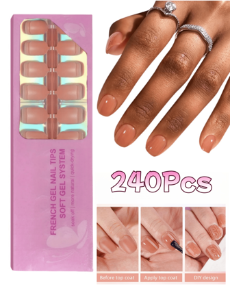 240 piezas de uñas postizas ultra cortas y redondas, puntas de uñas de gel suave de color marrón sólido, utilizadas como uñas postizas para manualidades, de estilo simple y versátil en 15 tallas adecuadas para mujeres