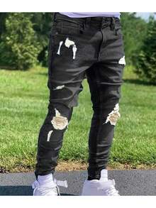 Men's Fashion Casual Ripped Washed Skinny Denim Jeans, Grunge - Black - View 2