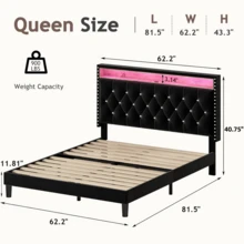 LED Bed Frame With Storage Shelf Headboard, Velvet Upholstered Bed Frame With Charging Station, Modern Bed Frame With Diamond Tufted Headboard, No Box Spring Needed, White/ Black, Full/ Queen/ King  (USB LED Strip) - màu đen - Xem 8