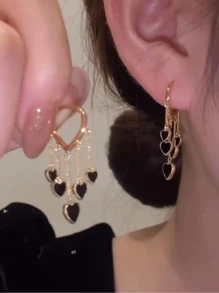 1 Pair Alluring Luxury Black Heart Shaped Metal Dangle Earrings, Perfect For Dates, Gifts