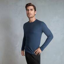 Blusa Manga Longa Masculina Malha Canelada Look Estiloso  Simples    Outono / Inverno    Slim Fit    Malhado - Azul Marinho - Visão 2