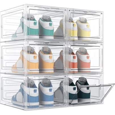 6 Pack Transparent Shoe Boxes - Clear Or Grey Durable Shoe Box Organiser - Space Saving Design With Door - Durable And Sturdy Bins Front Stackable Drawers (Clear)