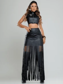 Lunara Leather Rodeo Fringed Skirt - màu đen - Xem 1