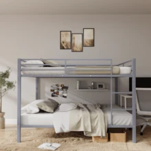 Full Over Full Bunk Bed, Heavy Duty Metal Bunk Bed Frame With Built-In Ladder And Safety Guard Rail, Low Metal Bunk Bed Frame For Kids, No Boxspring Required, For Small Spaces,Grey - 灰色 - 查看 1