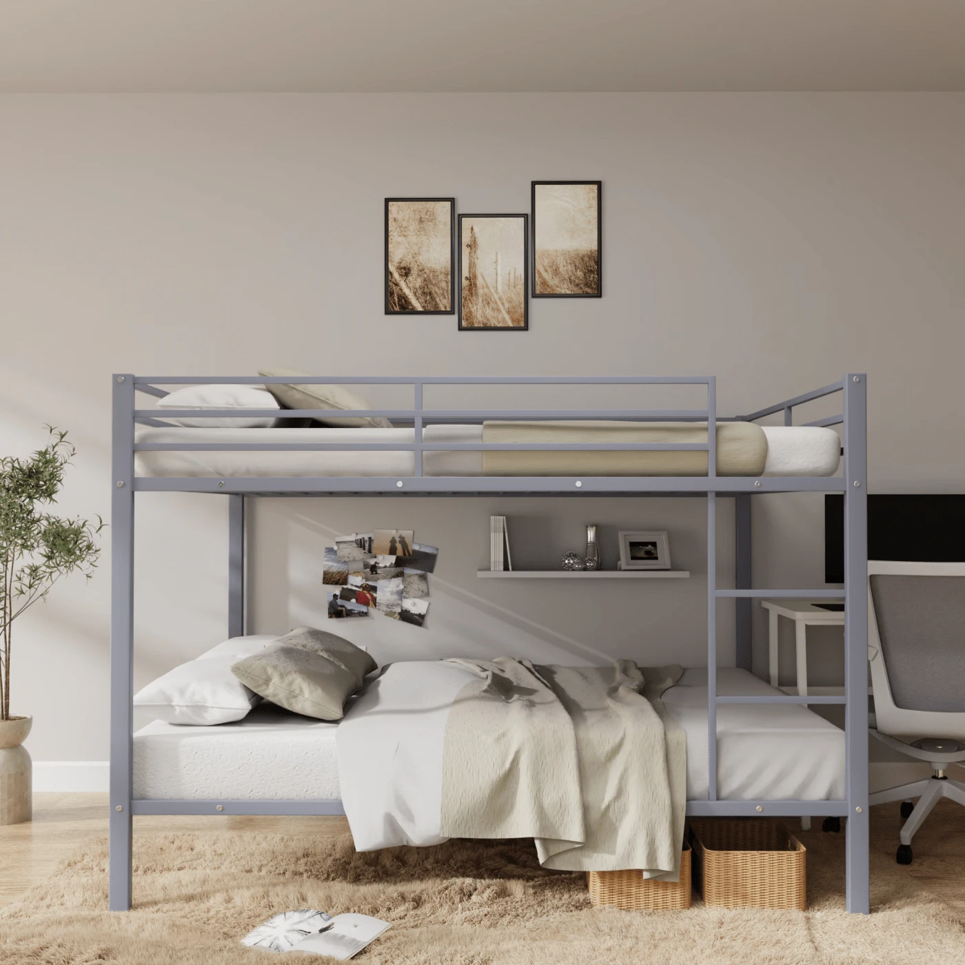 Full Over Full Bunk Bed, Heavy Duty Metal Bunk Bed Frame With Built-In Ladder And Safety Guard Rail, Low Metal Bunk Bed Frame For Kids, No Boxspring Required, For Small Spaces,Grey - 灰色 - 查看 1